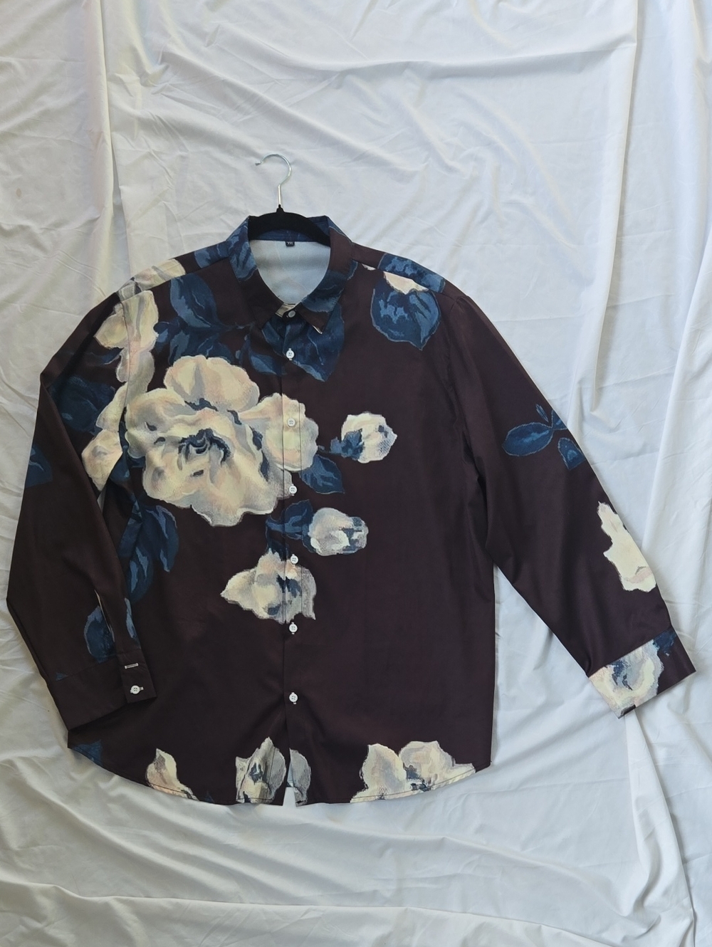 Mens Collared Dress Shirt Black White & Light Blue Flower Pattern All Over